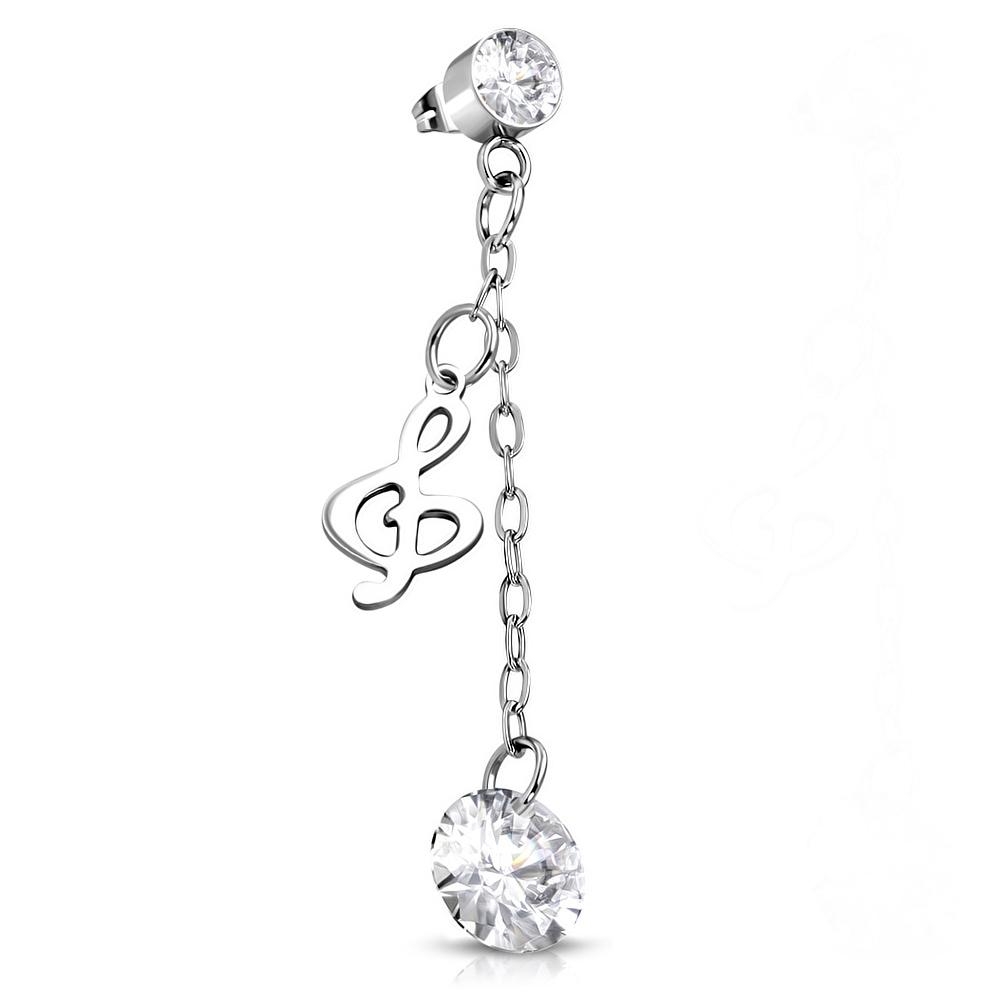1 st Stiftörhänge Örhänge i Kirurgiskt Stål 316L i Silver Färg - G-Klav / Musik med Klara Cubic Zirconia