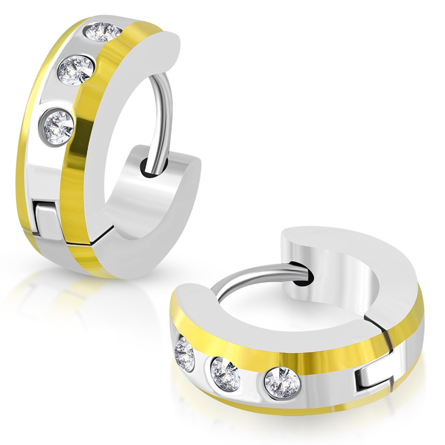 Små Runda Hoop Örhängen i 2 Toner / Silver & Guld Färg / i Stål 316L med Klar Cubic Zirconia