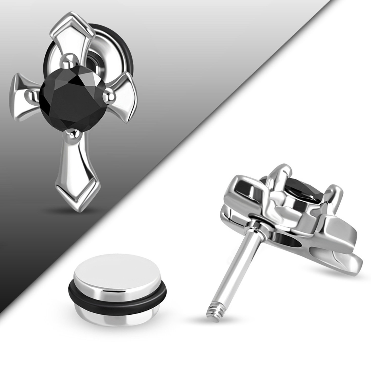 1 st Stud Örhänge / Fake Plug i Kirurgiskt Stål 316L i Silver Färg - Kors med Svart CZ Kristall