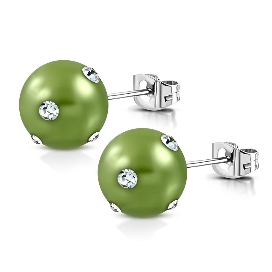 Stiftörhängen Stud Örhängen i Kirurgiskt Stål 316L i Silver Färg med Olivgrön Pärla & Klara Cubic Zirconia - 8 mm