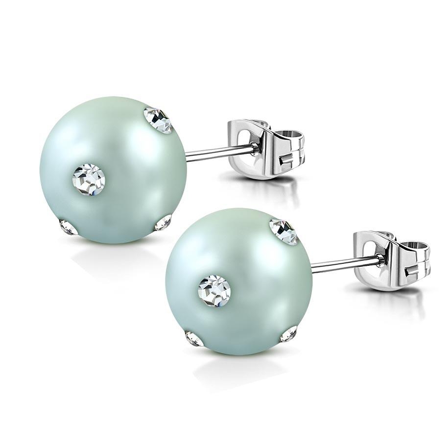 Stiftörhängen Stud Örhängen i Kirurgiskt Stål 316L i Silver Färg med Ljus Turkos Pärla & Klara Cubic Zirconia - 8 mm