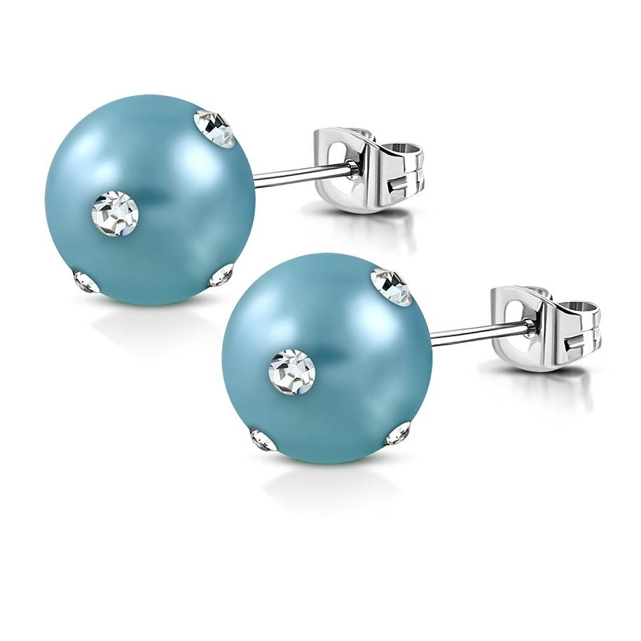 Stiftörhängen Stud Örhängen i Kirurgiskt Stål 316L i Silver Färg med Mörk Turkos Pärla & Klara Cubic Zirconia - 10 mm