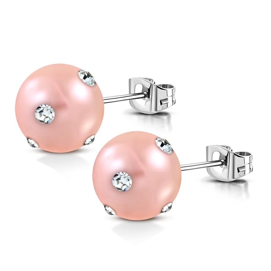Stiftörhängen Stud Örhängen i Kirurgiskt Stål 316L i Silver Färg med Persiko Pärla & Klara Cubic Zirconia - 10 mm
