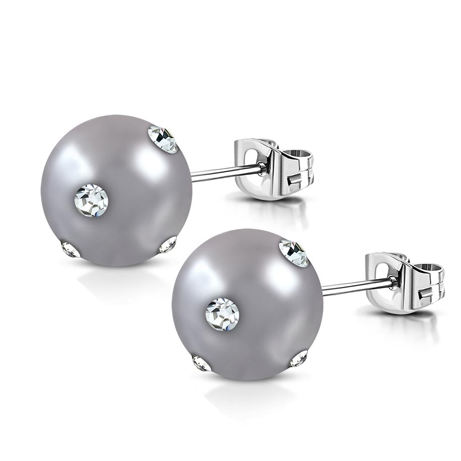 Stiftörhängen Stud Örhängen i Kirurgiskt Stål 316L i Silver Färg med Grå Pärla & Klara Cubic Zirconia - 8 mm