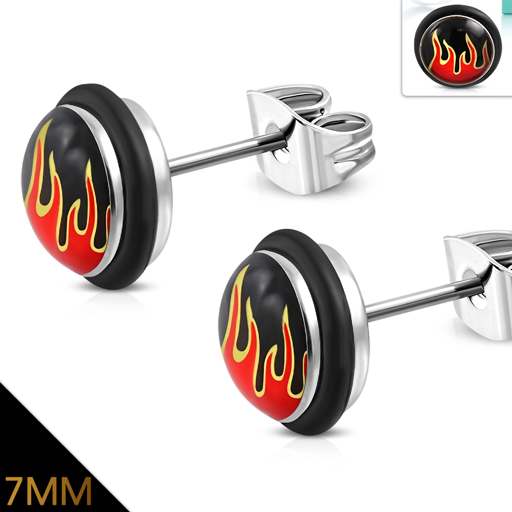 Stiftörhängen Stud Örhängen i Kirurgiskt Stål 316L & Akryl i Silver Färg – Eldflammor / Eld – 7 mm