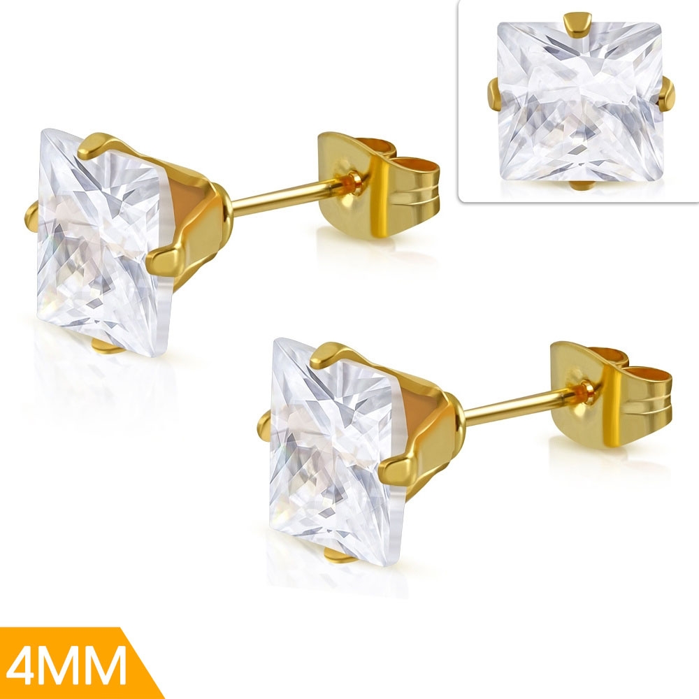 Stiftörhängen Stud Örhängen i Kirurgiskt Stål 316L i Guld Färg med Fyrkantig Vit/Klar Cubic Zircon Kristall - 4 mm
