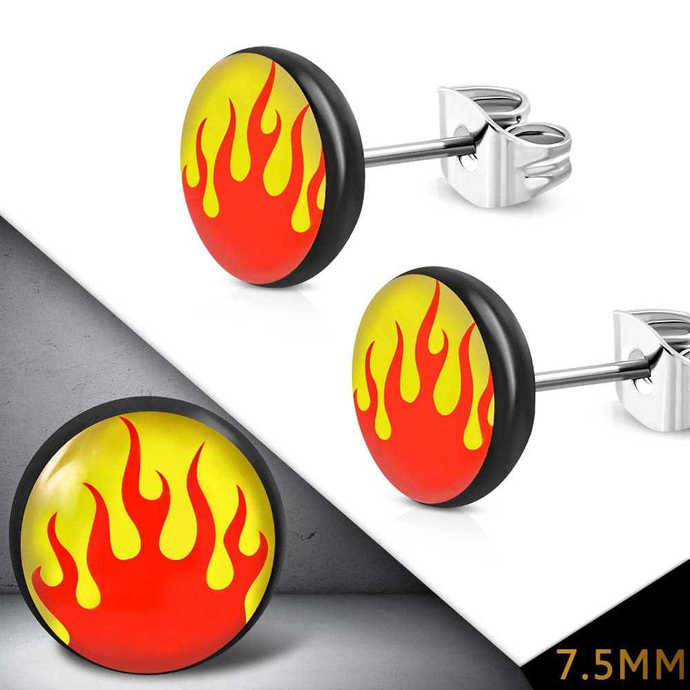 Stiftörhängen Stud Örhängen i Kirurgiskt Stål 316L & Akryl i Silver Färg – Eldflammor / Eld – 7,5 mm