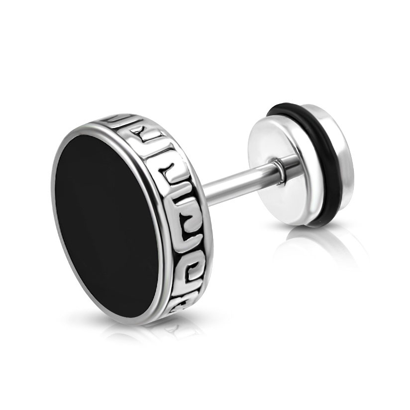1 st Stud Örhänge / Fake Plug i Kirurgiskt Stål 316L i Svart & Silver Färg med Grekiskt Mönster - 10 mm