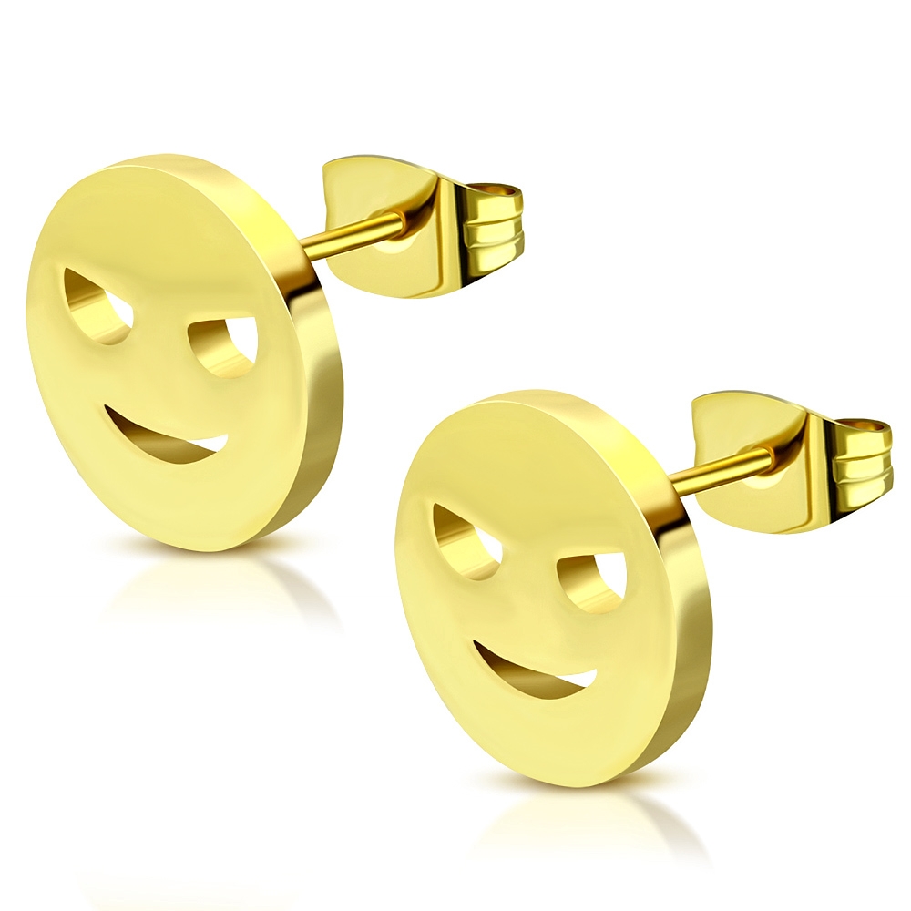 Stiftörhängen Blanka Runda Stud Örhängen i Kirurgiskt Stål 316L i Guld Färg - Smiley Emoji