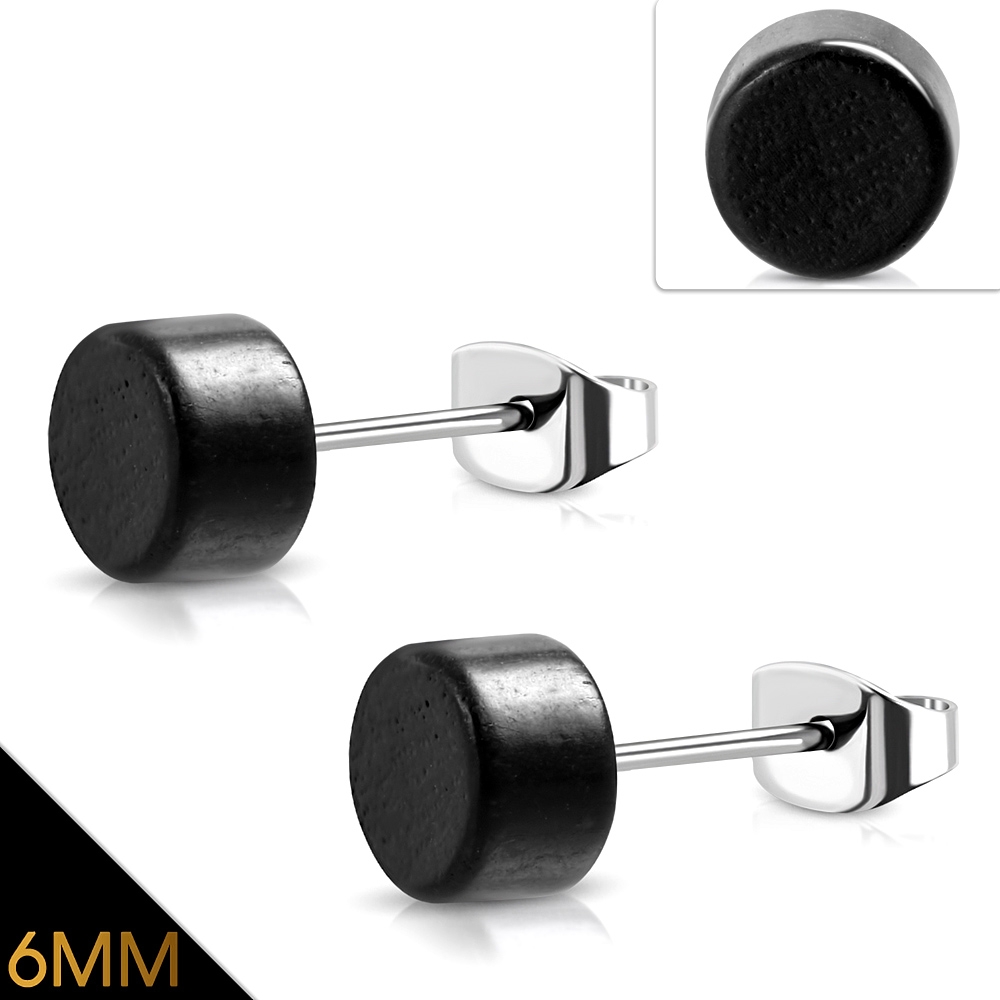 Runda Stud Örhängen Stiftörhängen i Kirurgiskt Stål 316L i Silver Färg - Cirkel i Svart Trä - 6 mm