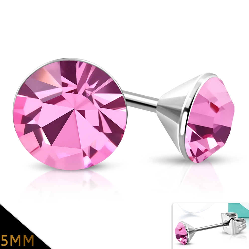 Stud Örhängen Stiftörhängen i Kirurgiskt Stål 316L i Silver Färg - Rund Ljus Rosa Cubic Zircon Kristall / Bezelfattning – 5 mm