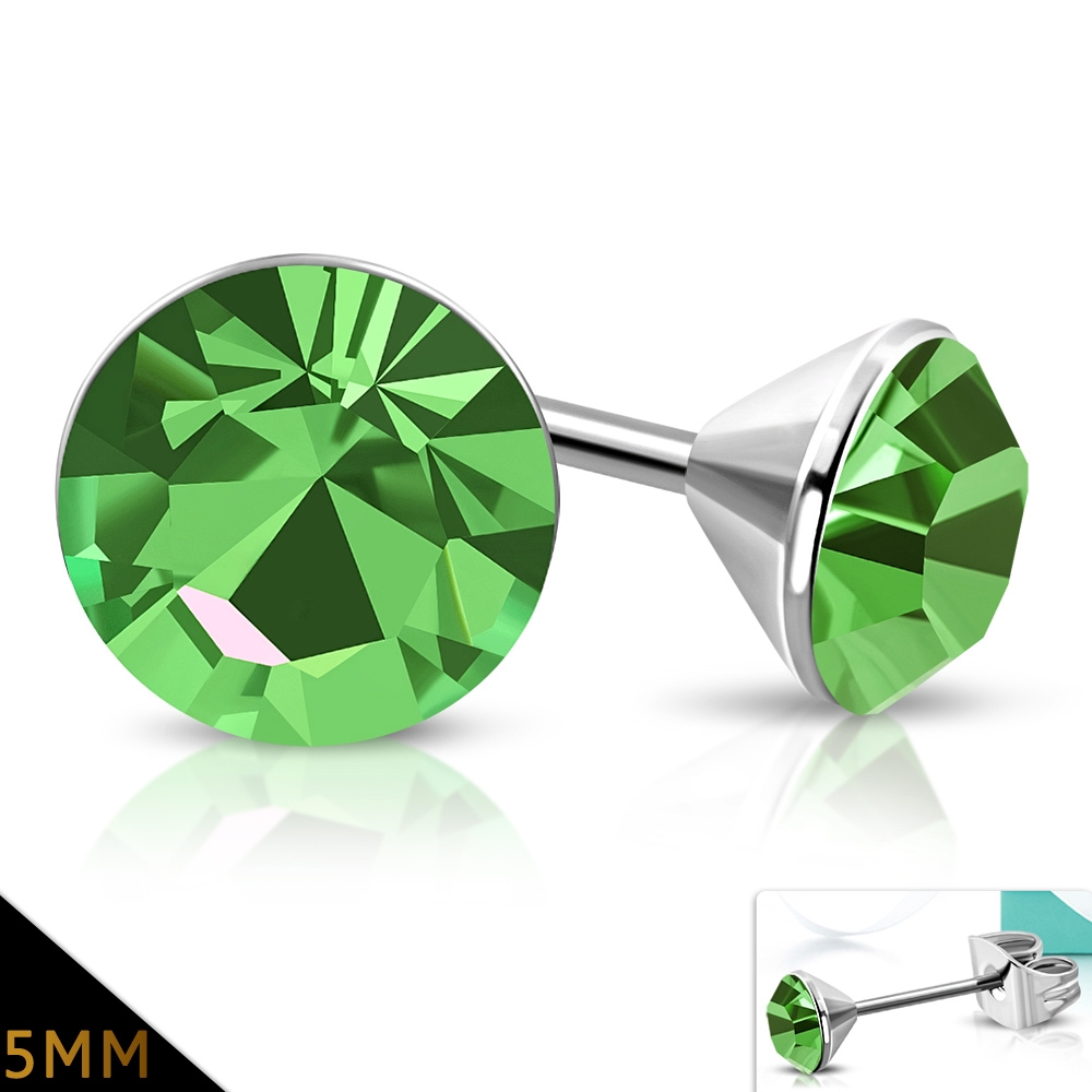 Stud Örhängen Stiftörhängen i Kirurgiskt Stål 316L i Silver Färg - Rund Peridot / Grön Cubic Zircon Kristall / Bezelfattning – 5 mm