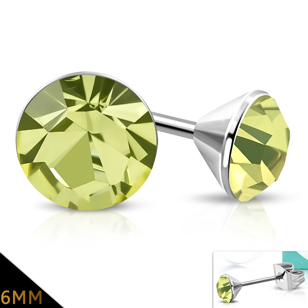 Stud Örhängen Stiftörhängen i Kirurgiskt Stål 316L i Silver Färg - Rund Ljus Gul Cubic Zircon Kristall / Bezelfattning – 6 mm