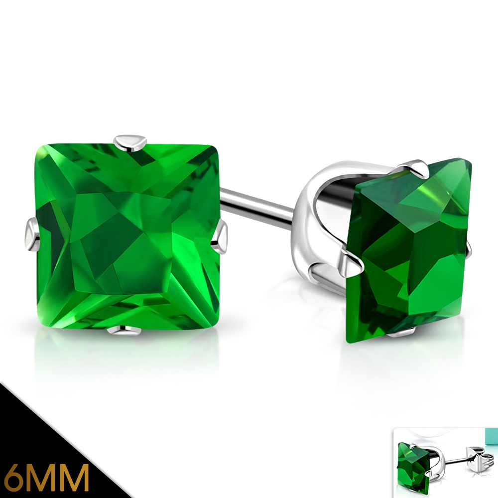 Stiftörhängen Stud Örhängen i Kirurgiskt Stål 316L i Silver Färg med Fyrkantig Grön Cubic Zircon Kristall - 6 mm