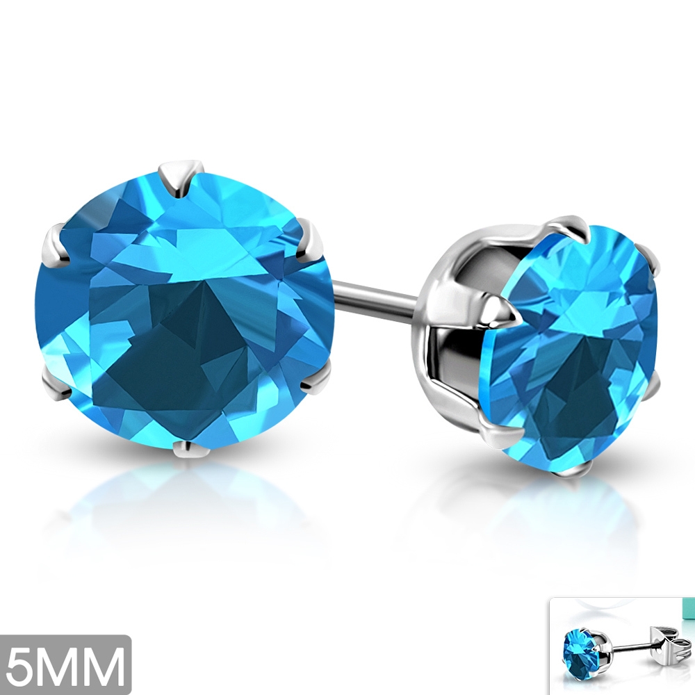 Stiftörhängen Stud Örhängen i Kirurgiskt Stål 316L i Silver Färg med Rund Turkos Cubic Zircon Kristall – 5 mm