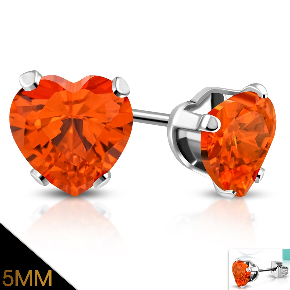 Stiftörhängen Stud Örhängen i Kirurgiskt Stål 316L i Silver Färg - Hjärta / Hjärtformad Orange Cubic Zircon - 5 mm