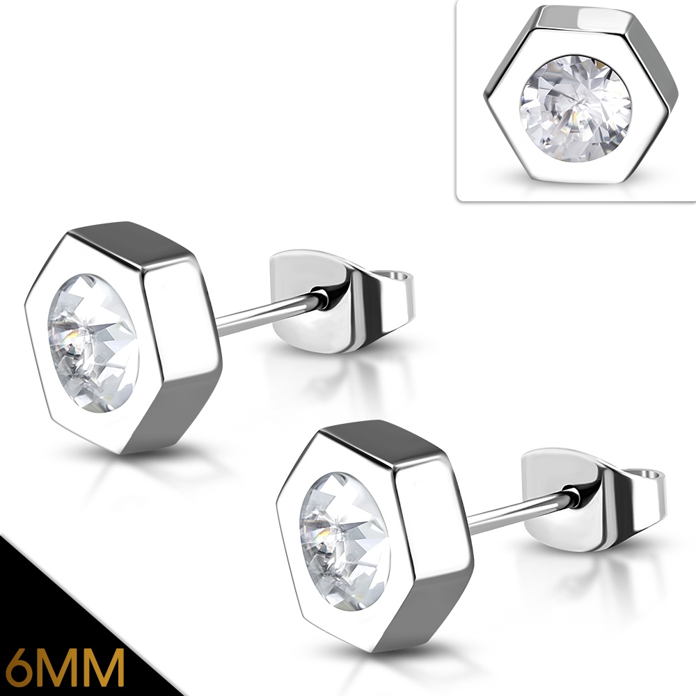 Stiftörhängen Stud Örhängen i Kirurgiskt Stål 316L i Silver Färg - Sexhörning / Hexagon med Klar-Vit Cubic Zircon