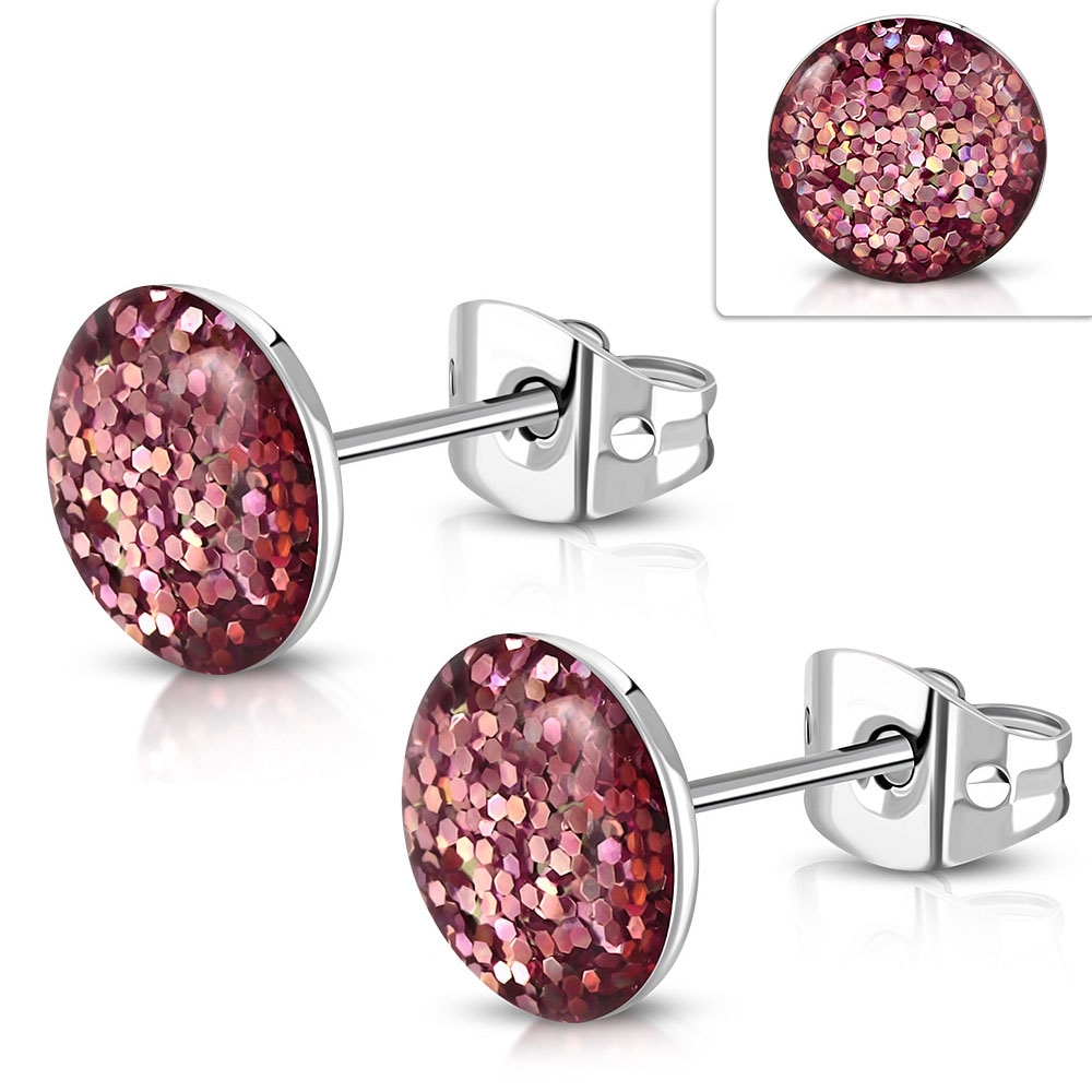 Stiftörhängen Stud Örhängen i Kirurgiskt Stål 316L i Silver Färg - Cirkel med Rosa Glitter - 8 mm