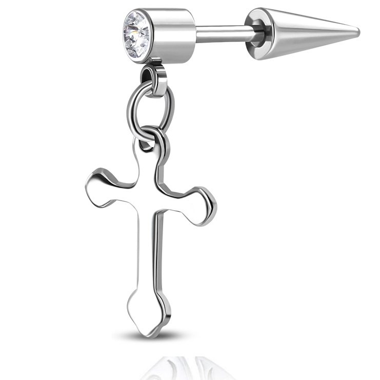 1 st Örhänge / Fakepiercing i Kirurgiskt Stål 316L i Silver Färg - Kors & Vit CZ Kristall