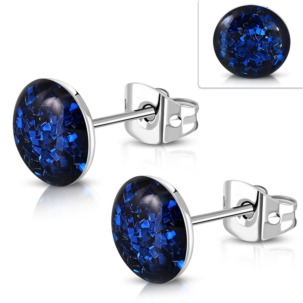 Stud Örhängen Stiftörhängen i Kirurgiskt Stål 316L i Silver Färg - Glittrande Blå Knapp - 8 mm