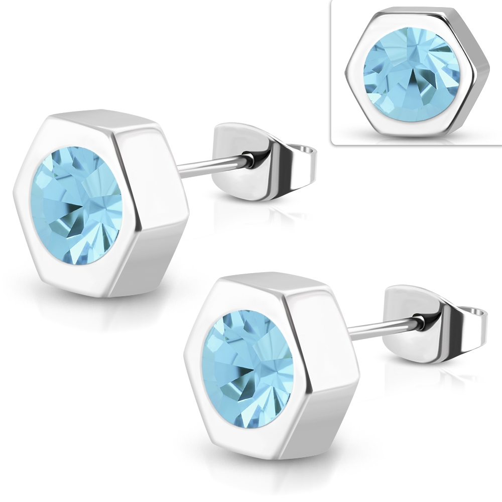 Stiftörhängen Stud Örhängen i Kirurgiskt Stål 316L i Silver Färg - Sexhörning / Hexagon med Turkos-Blå Cubic Zircon