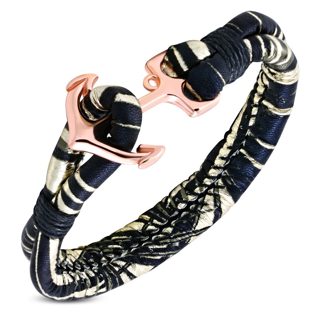 Rep / PU Läder Armband / Läderarmband med Mönster i Guld & Svart samt Ankare i Rosé Guld Färg