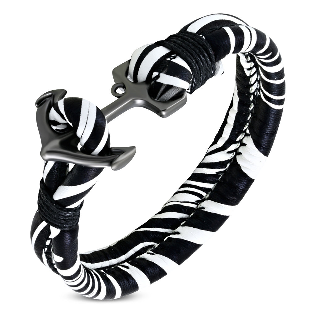 Rep / PU Läder Armband / Läderarmband med Zebra Mönster i Svart & Vitt samt Ankare i Mörk Silver Färg