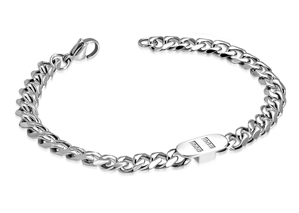 Armband i Rostfritt Stål 316L i Silver Färg - Pansarlänk med Vita/Klara Glittrande Cubic Zirconia - 7 mm
