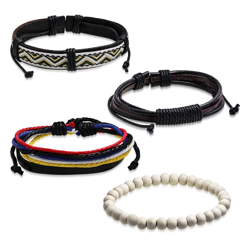 4 st Bohemian Chic Armband - Läder, Rep & Pärlor i Olika Färger