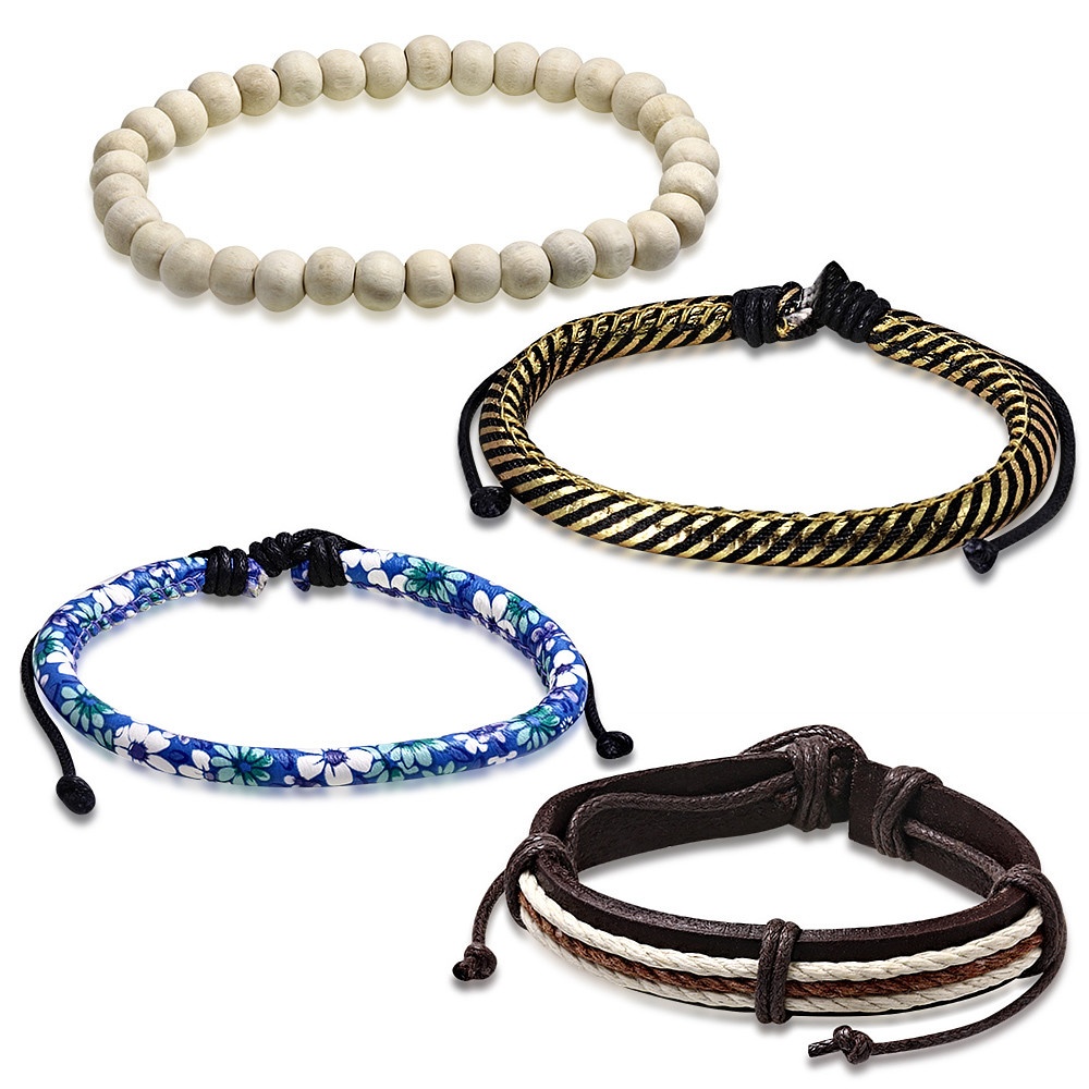 4 st Bohemian Chic Armband - Läder, Rep, Blommor & Pärlor i Olika Färger