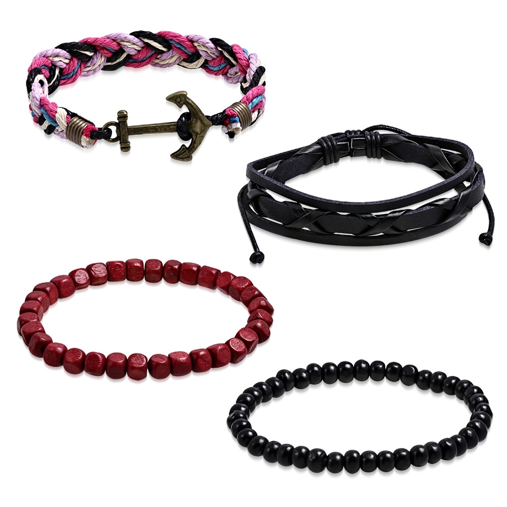 4 st Bohemian Chic Armband - Läder, Rep, Ankare & Pärlor i Olika Färger