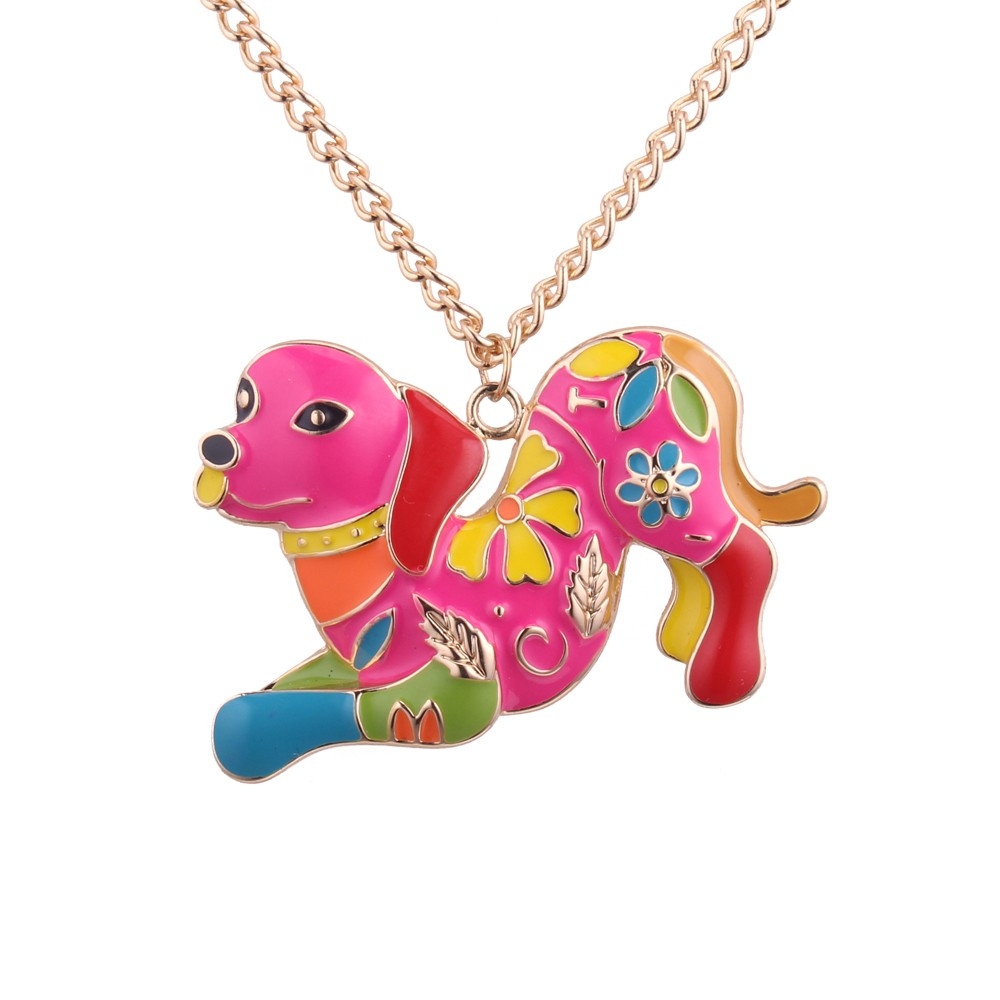 Halsband i Guld Färg - Hänge med Färgglad Hund & Blommor