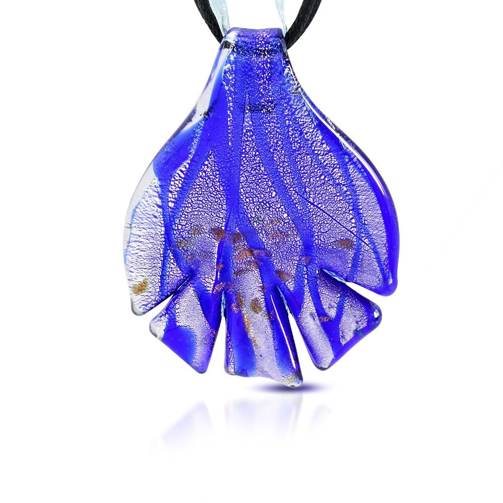 Bohemiskt Halsband med Snöre & Organzaband Dekorerade med Boro Glashänge - Löv i Blått &