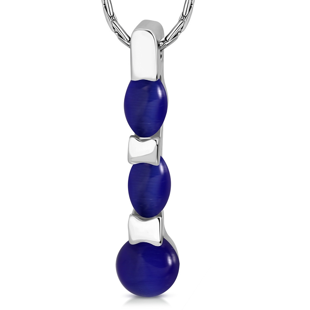 Halsband i Silver Färg - Hänge med Oval & Rund Blå Kattögon Sten / Kattöga / Kattögonsten