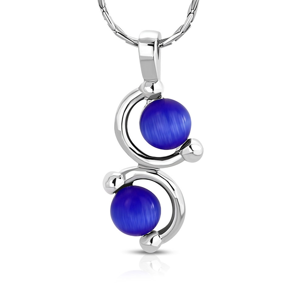 Halsband i Silver Färg - Unikt Hänge med Blå Kattögon Sten / Kattöga / Kattögonsten