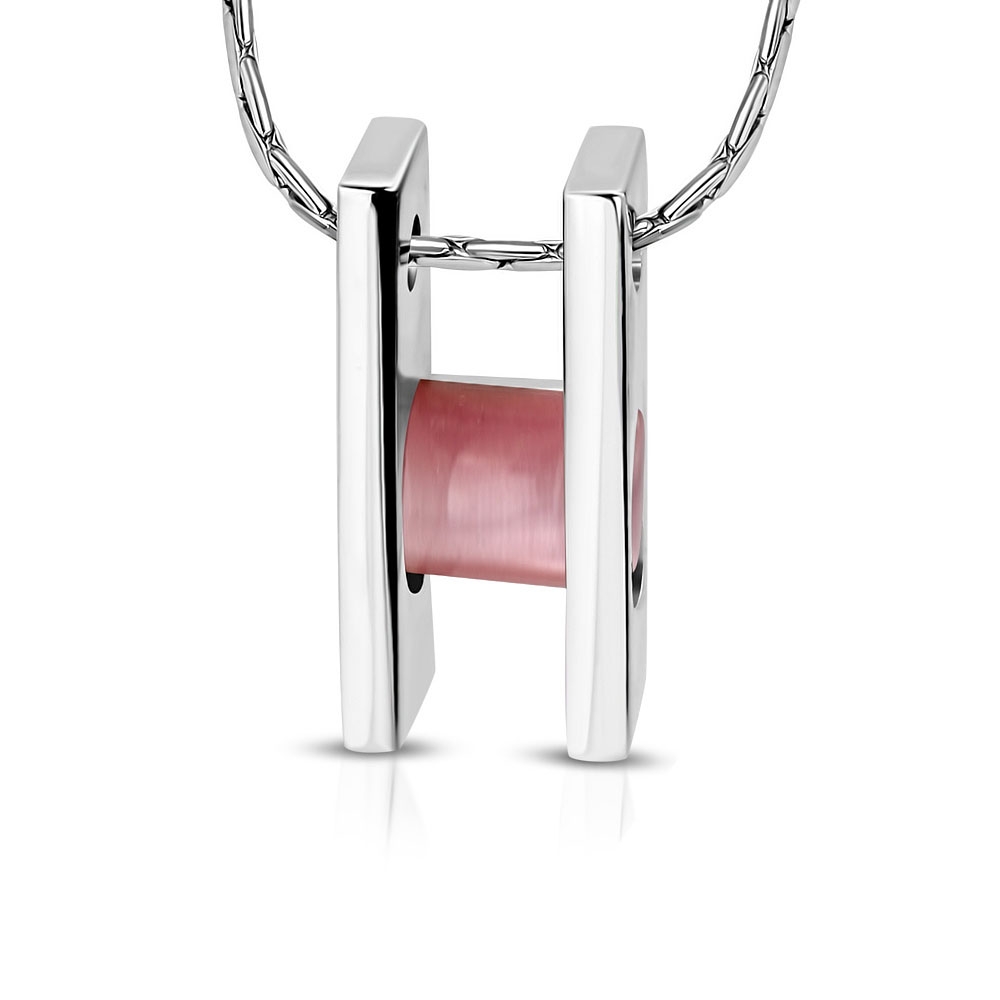 Halsband i Silver Färg - Hänge / Stege med Rosa Kattögon Sten / Kattöga / Kattögonsten