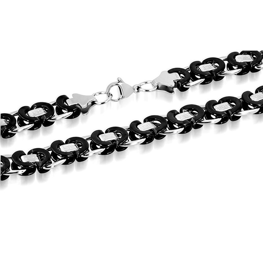 Halsband i Kirurgiskt Stål 316L i Svart & Silver Färg med Grekiskt Mönster - Bysantinsk Kedja Halskedja / Kejsarlänk - B 11 mm L 55 cm