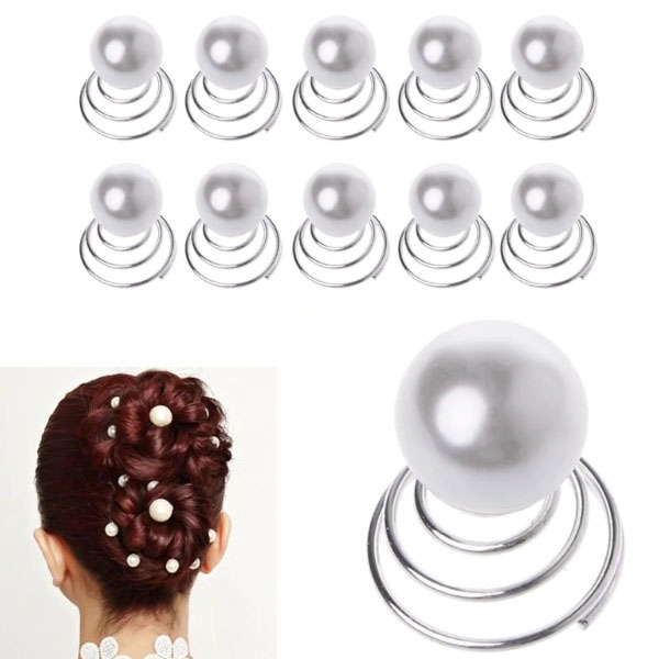 10 st Hårnålar Hår Spiral Hårsmycken Hårdekoration till Bröllop & Fest med Vit Pärla