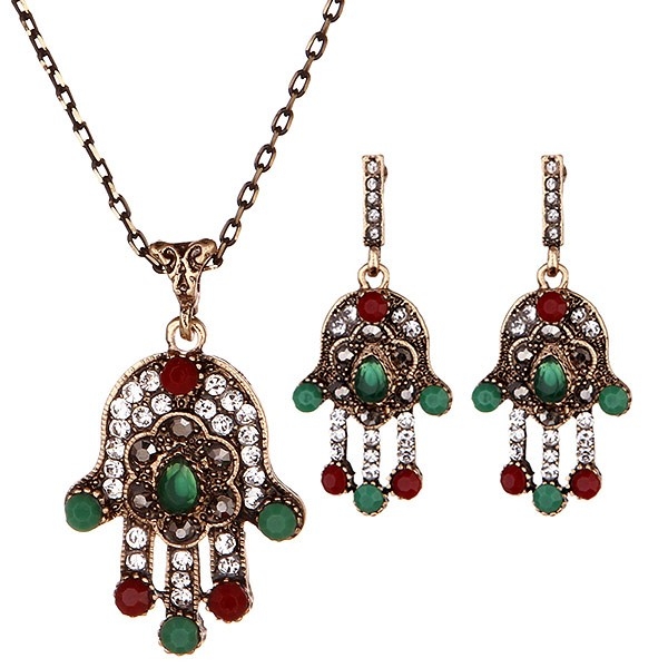 Smyckesset i Svart & Guld Färg med Rhinestones - Halsband & Örhängen - Fatimas Hand