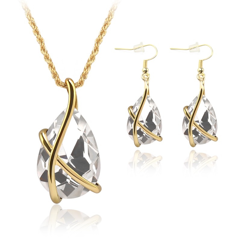 Smyckesset i Guld Färg - Halsband & Örhängen - Droppformade Klara Rhinestones