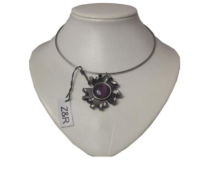 Z&R Design - Boho Halsband / Stel Choker i Silver Färg - Hänge med Lila sten