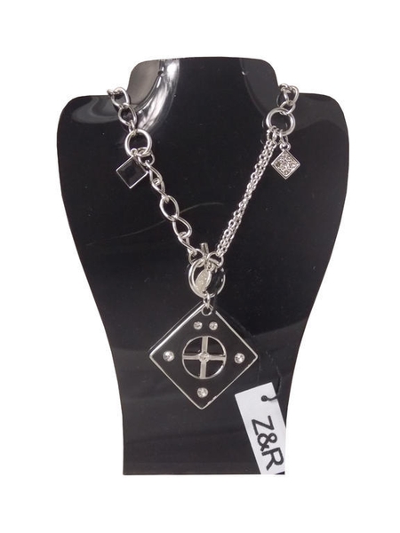 Z&R Design - Boho Halsband i Silver Färg - Berlocker & Svart Fyrkantigt Hänge med Swarovski Kristaller