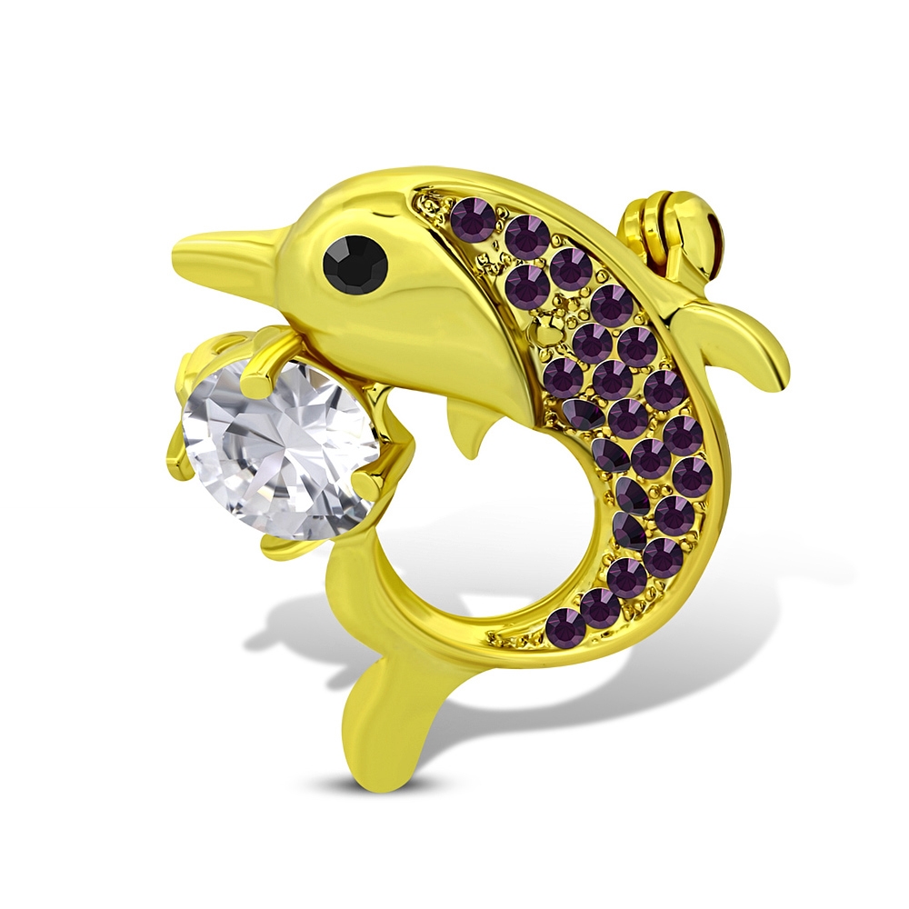 Vacker Brosch i Guld Färg - Delfin med Lila & Vit Cubic Zircon