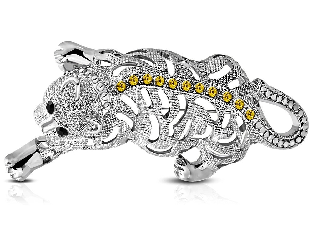 Vacker Brosch i Silver Färg - Bengalisk Tiger med Cubic Zircon