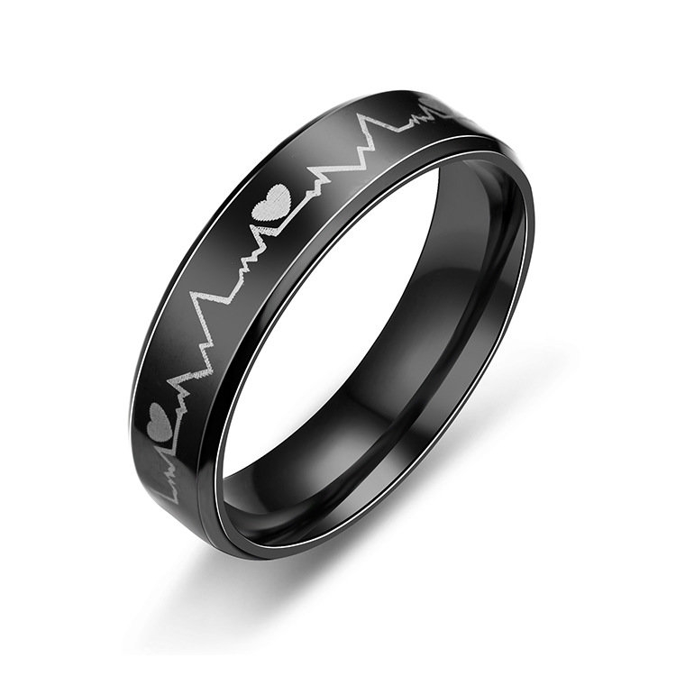 Svart Ring i Rostfritt stål med Hjärta & Hjärtslag / EKG-Kurva - Stl 18,95