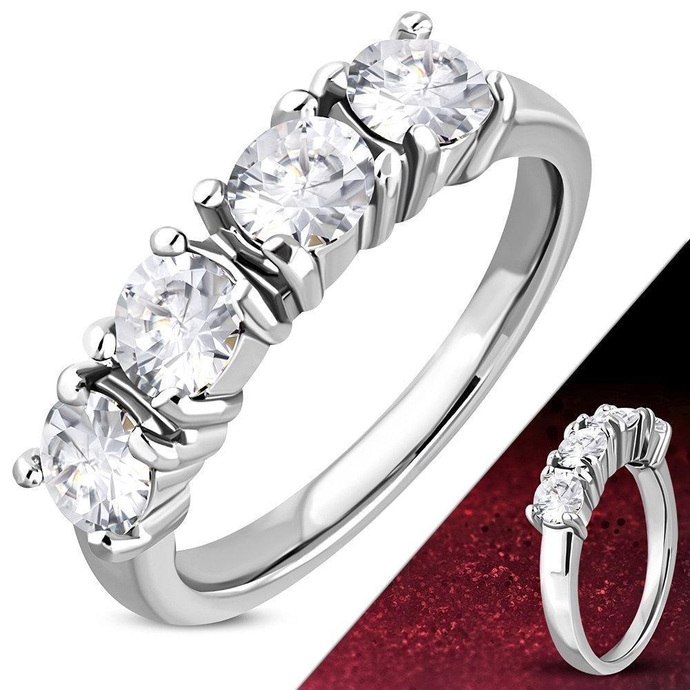 Glittrande Ring i Kirurgiskt Stål 316L i Silver Färg med 4 st Klara CZ Kristaller - Stl 16,51