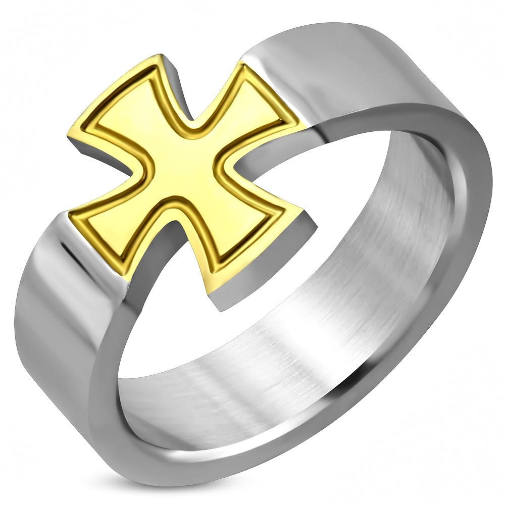 Ring i Kirurgiskt Stål 316L i 2 Toner - Silver med Guld Kors - Stl 17,32