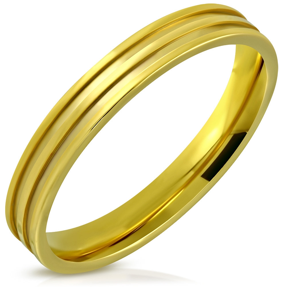 Stålring / Ring i Rostfritt Stål 316L i Guld Färg med Skåror / Ränder - Stl 17,32