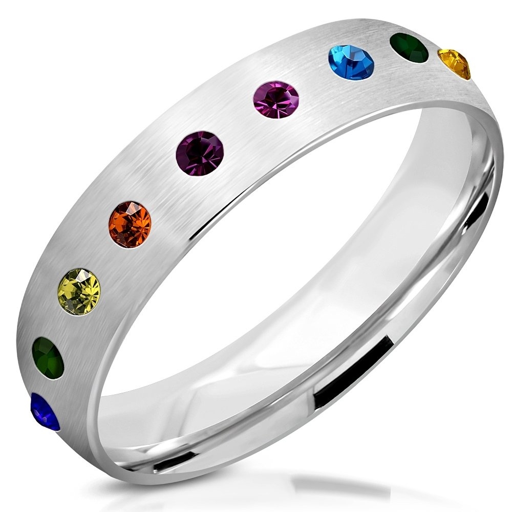 Polerad Ring i Kirurgiskt Stål 316L i Silver färg med Regnbågsfärgade Cubic Zircon / Pride - Stl 17,32
