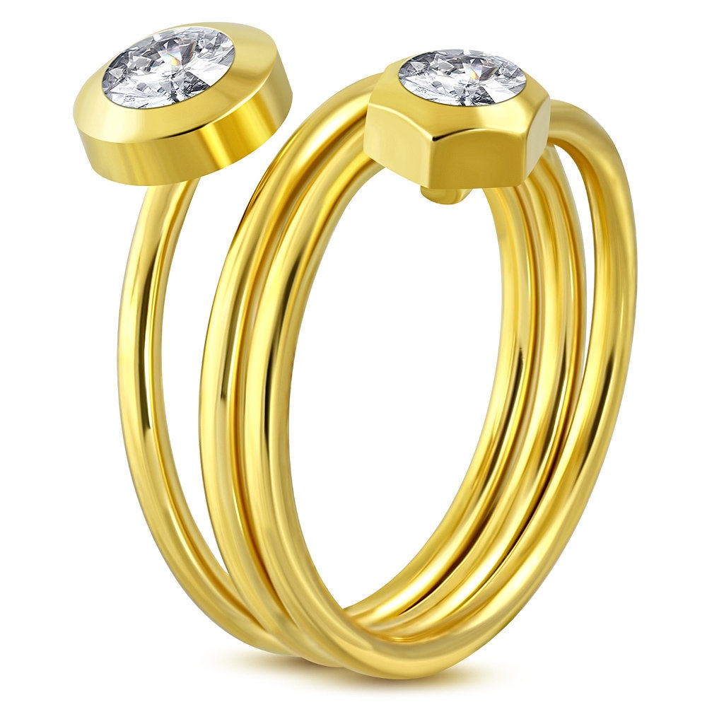 Guldpläterad Ring i Rostfritt Stål 316L i Guld Färg - Spiral med Klara Cubic Zirconia Kristaller - Stl 16